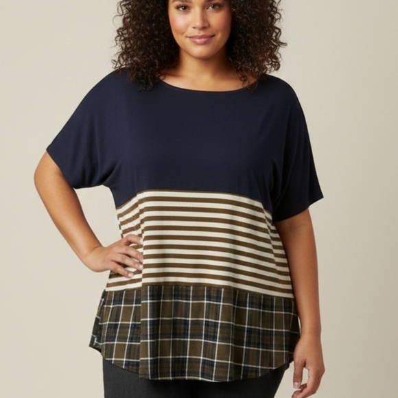 Terra & Sky Tops - Terra & Sky 2X Navy and Army Green Striped & Plaid Short Sleeve Casual Top
